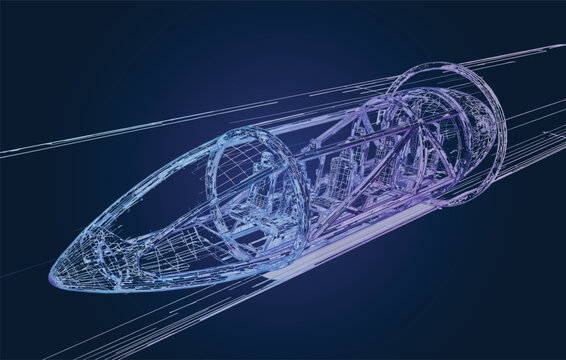 Polygonal wireframe hyperloop high-speed vacuum pod train in tunnel vector illustration on a dark blue background