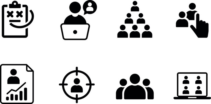 Human Resources and Workforce Management Icon Set with Corporate Recruitment Target Strategy Teamwork Structure and Online Meeting Graphic Symbols