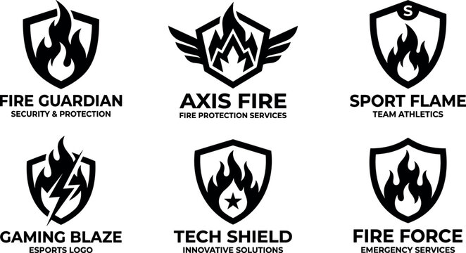 Fire shield company logo branding collection featuring security guardian protection wing emblems lightning bolt esports gaming and emergency service icons vector