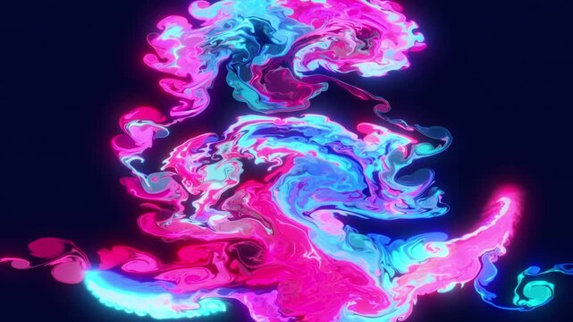 Pink and blue fluids meeting and mixing. Paint marbling or ink in water effect. High quality fluid simulation. Digital animation.