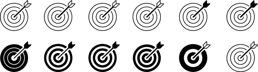 Target icon set. Goal and accuracy symbol. Simple pictograms for target audience, business objective, bullseye hit, focus strategy, success achievement, and dartboard UI design. © Vector Nest