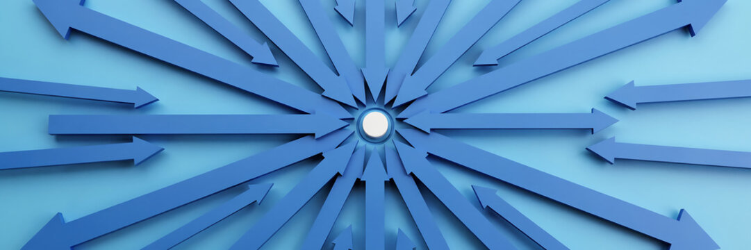 Conceptual blue arrows converging towards a central point symbolizing strategy and unified goals with convergence strategy business decision direction alignment abstract planning leadership