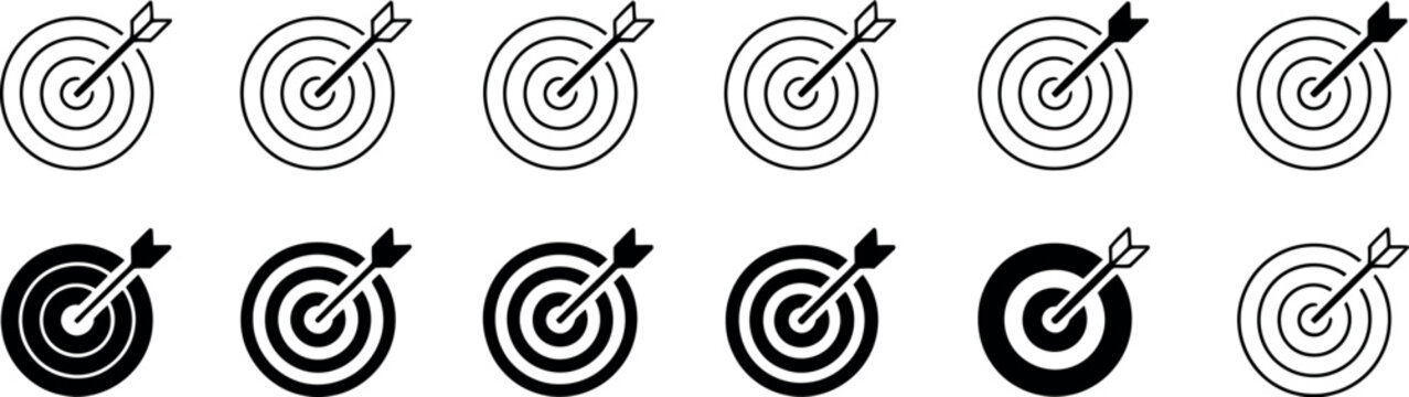 Target icon set. Goal and accuracy symbol. Simple pictograms for target audience, business objective, bullseye hit, focus strategy, success achievement, and dartboard UI design.