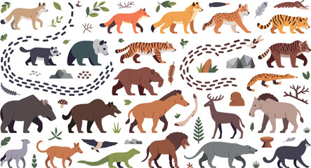 Obraz premium Prehistoric Megafauna Flat Vector Collection Featuring Extinct Ice Age Mammals Like Saber Toothed Tiger Woolly Rhino and Mammoth Characters