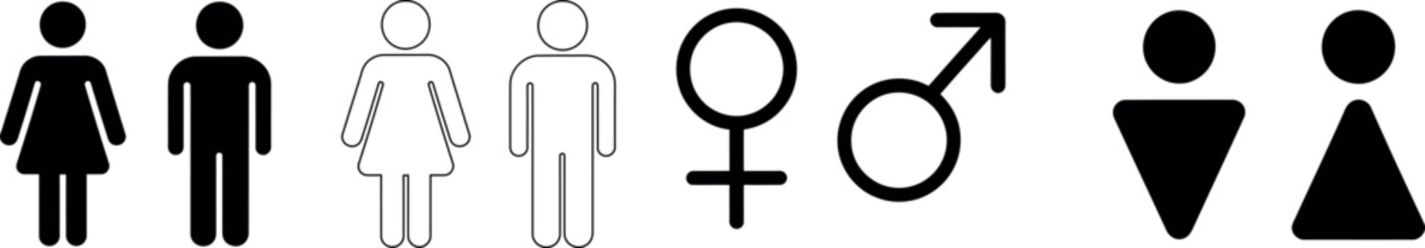 Gender icon set. Male and female symbols. Simple pictograms for restroom signage, gender identification, man and woman figures, biological sex symbols, and user interface design.