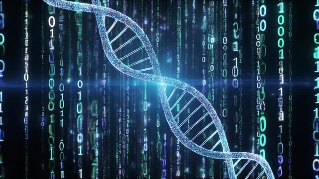 DNA Helix and Binary Code Data Stream - Genetics, Science, Technology, Innovation Concept