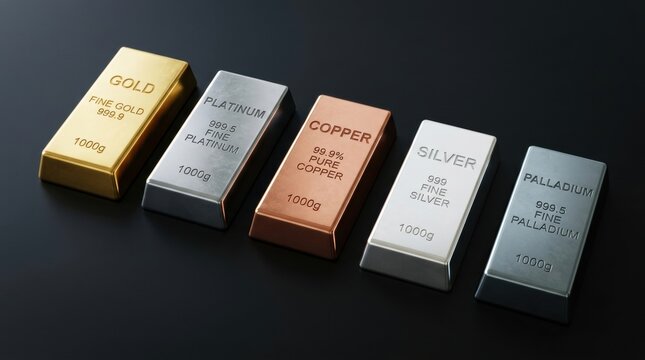 Collection of precious metal bars including platinum gold silver copper and palladium on a dark background.
