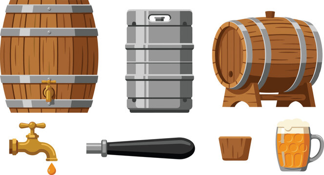 Beer Brewing Equipment Collection with Wooden Barrel Metal Keg Tap Mug Cup and Brewing Tools Vector Illustration Set
