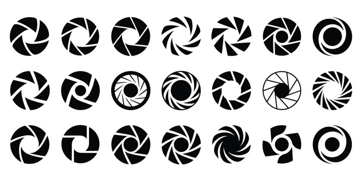 Camera shutter aperture icons set. Lens diaphragm symbol collection. Simple pictogram collection for photography, exposure focus, camera shutter, optic lens, photo studio, graphic design element, and 
