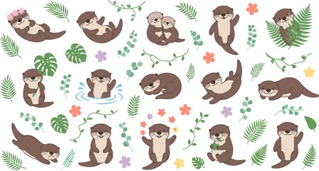 Obraz premium Cute Otter Animal Collection with Swimming, Playing, Relaxing Otters and Tropical Botanical Elements Cartoon Vector Set