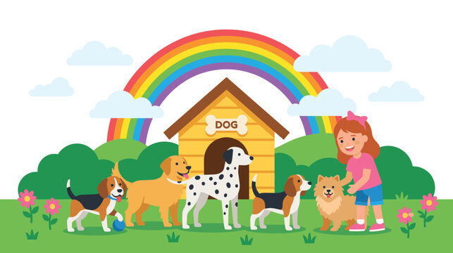 Happy girl playing with diverse group of dogs in park under colorful rainbow and clouds.