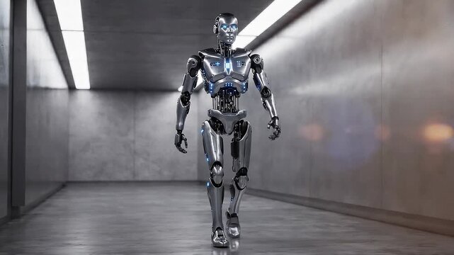 Futuristic humanoid robot walking forward in a sleek industrial hallway