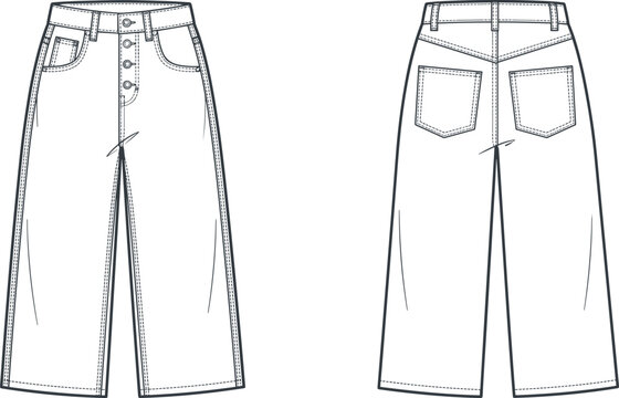 Women Wide Leg Denim Jeans Technical Fashion Illustration Set Showing Front and Back Views with Button Fly and Pocket Details for Apparel Tech Packs