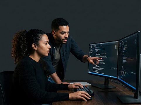 Two software developers coding together on a computer