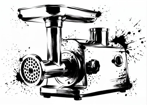 Industrial Food Processing Kitchenware Culinary, Electric meat grinder with black ink splatters on white