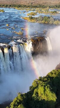 Victoria Falls In Livingstone Northern Rhodesia Zambia. Stunning Waterfalls Flowing In Natural Wonder Landscape. Tropical Falls. Cascade Waterfall. Livingstone Northern Rhodesia.