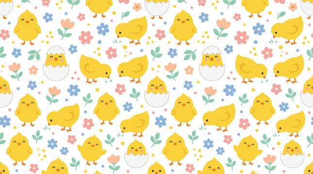 Cute Easter Chick Seamless Pattern with Yellow Baby Chickens Eggshell Flowers and Spring Floral Background Vector Illustration
