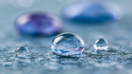 Fototapeta premium Macro photograph of clear water droplets on a smooth cool blue textured surface with droplets