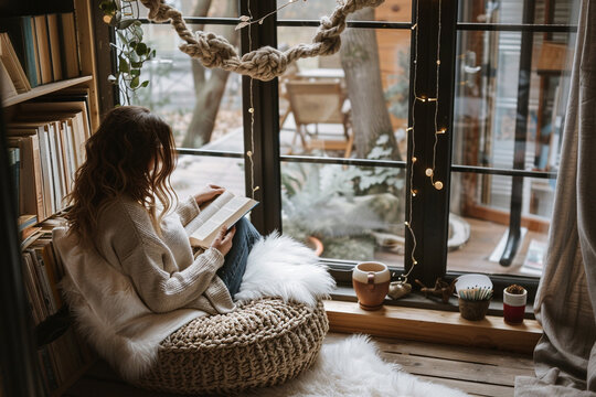 Young woman reading a book in a cozy corner on a fluffy pouf seat near a window with fairy lights and bookshelves
