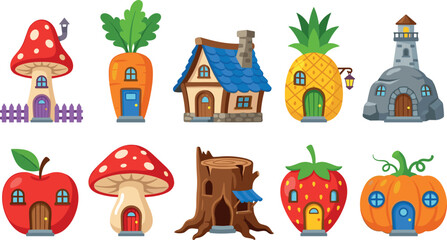 Fototapeta premium Fairy Tale Fantasy House Vector Icon Set with Mushroom Cottage, Tree Stump, Pumpkin, Carrot, Pineapple, and Fruit Homes for Game UI Asset Designs