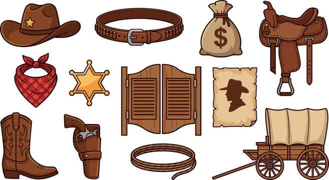 Wild West Cowboy Vector Icon Set with Hat, Boots, Holster, Saloon Doors, Sheriff Badge, Lasso, Saddle, and Covered Wagon for Western Theme Graphic Designs