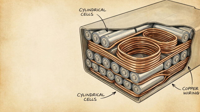 Electric vehicle battery pack with cylindrical cells and copper wiring in technical cutaway illustration