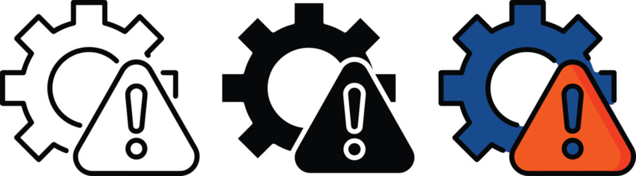 System warning icon set vector settings cog wheel and alert triangle technical maintenance issue outline glyph flat collection