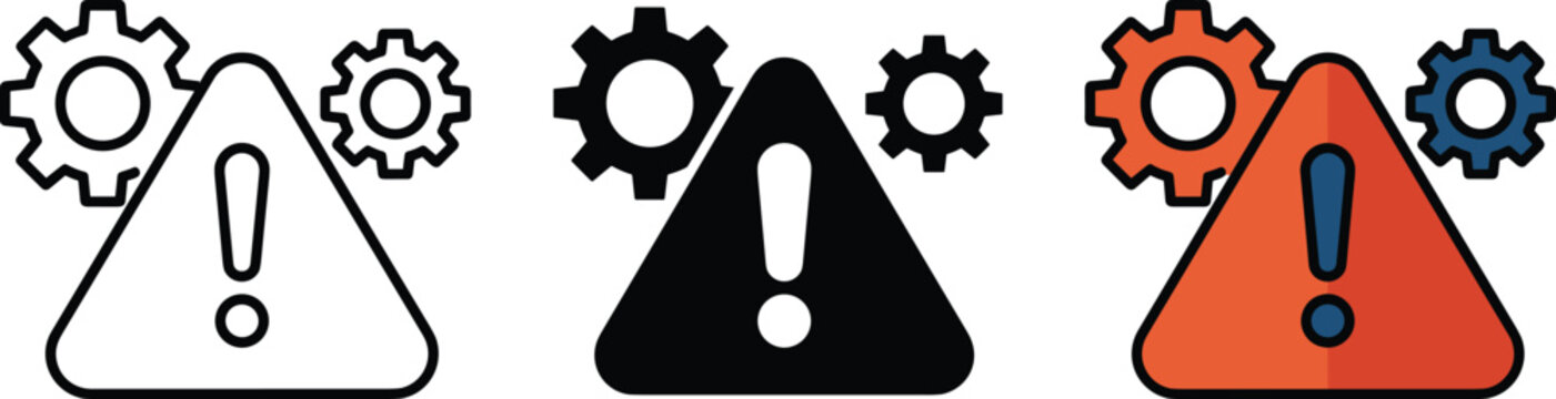 System error icon set vector alert triangle warning with gears technical maintenance issue outline glyph flat collection