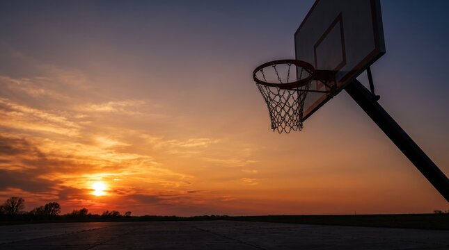 Basketball hoop silhouette against dramatic sunset sky, outdoor court at dusk, golden hour lighting, sports equipment, recreational facility, evening atmosphere, horizon landscape