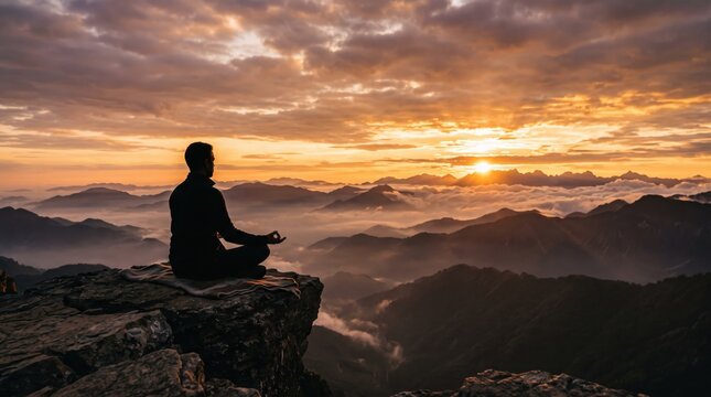 Man meditating in lotus yoga pose on rocky mountain cliff edge above clouds at golden sunrise, spiritual mindfulness practice, inner peace and wellness with breathtaking panoramic
