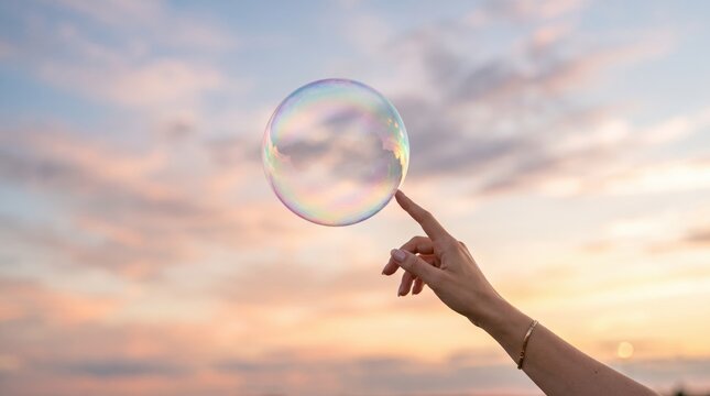 Hand gently touching iridescent soap bubble against soft pastel sunset sky, delicate moment of fragility and beauty, childhood wonder, dream, ephemeral nature of life and fleeting