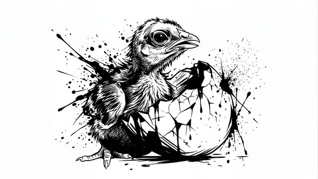 New Life Birth Ink Art, Baby chick hatching from cracked shell with ink splatters on white background