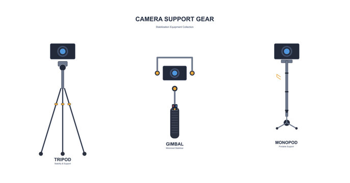 Camera support gear icons set including tripod gimbal and monopod