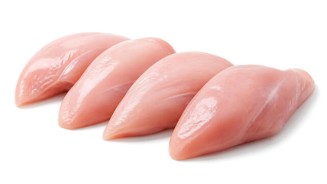 Fresh premium chicken breast fillets arranged in an elegant flowing composition, realistic raw meat texture, subtle natural moisture, isolated on a pure white background