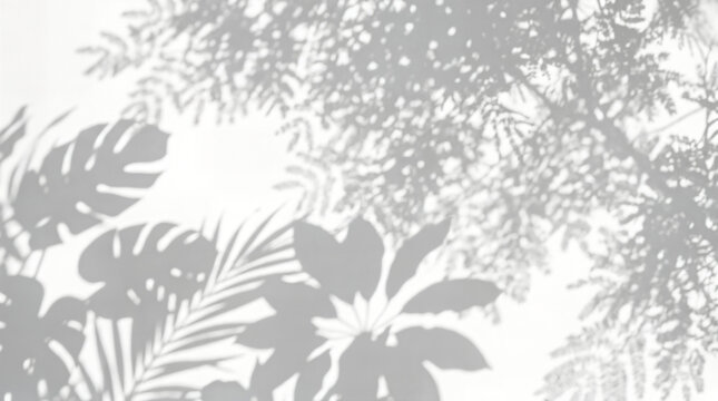 Tropical leaf shadow on white wall, aesthetic monstera and palm tree leaf shadows, minimalist summer background for product mockups
