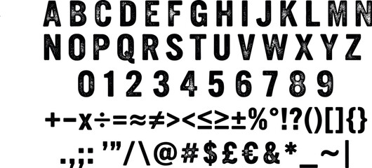 Alphabet Set of Vintage Distressed Black Letters, Numbers, and Symbols Vector Illustration © MstMalufa