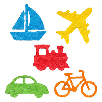 Assorted colorful crumpled paper transportation vehicle cutouts, perfect for children's media.