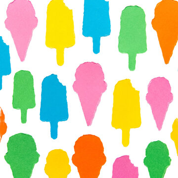 Seamless pattern of colorful torn paper ice cream cones and popsicles, a playful summer design isolated on transparent.