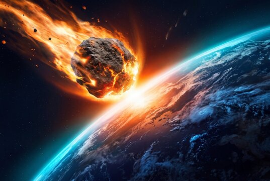 Large asteroid burning as it enters earths atmosphere, space impact concept