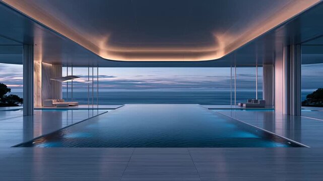 Luxury infinity pool overlooking calm ocean at sunset