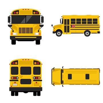 Yellow school bus vector set featuring front side rear and top views