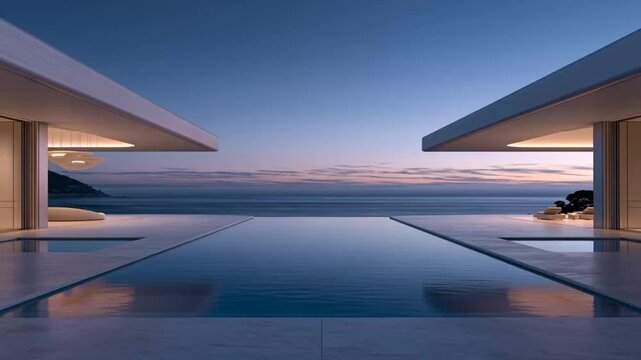 Minimalist pool terrace with open ocean horizon and evening sky