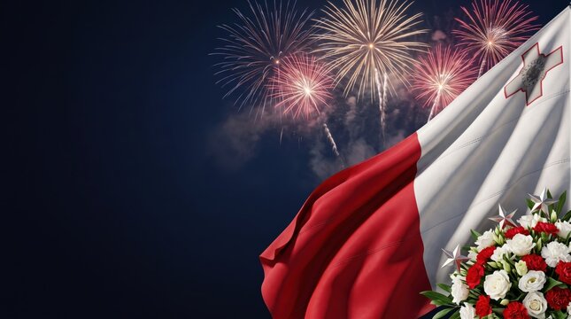 Waving flag of malta against a dark night sky with bright colorful fireworks explosions and a decorative bouquet of red and white roses in the foreground