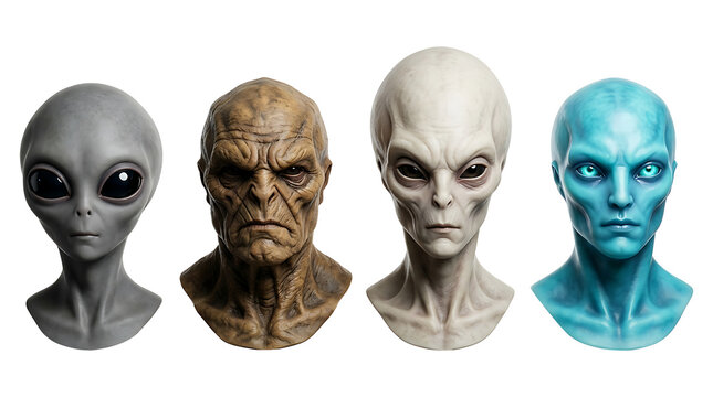 Four Diverse Alien Species Portraits Isolated on Transparent Background