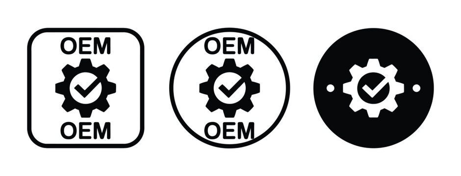 OEM Certified Icon, Set with Gear and Check Mark for Original Equipment Manufacturer Branding Product Quality and Authentication