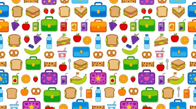 Seamless pattern of kids school lunchboxes and healthy food snacks