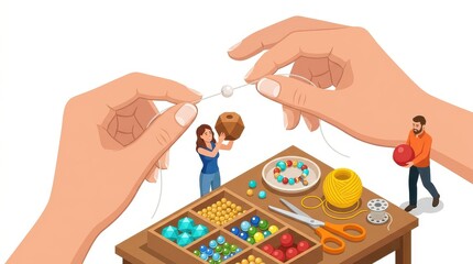Fototapeta premium Isometric Illustration of Creative Jewelry Making Process with Hands, Beads, and Crafting Tools