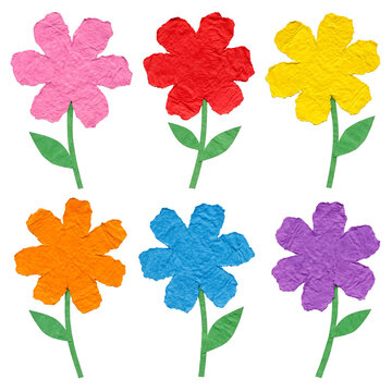 Set of six vibrant torn paper cut-out flowers with stems and leaves, isolated on transparent background.