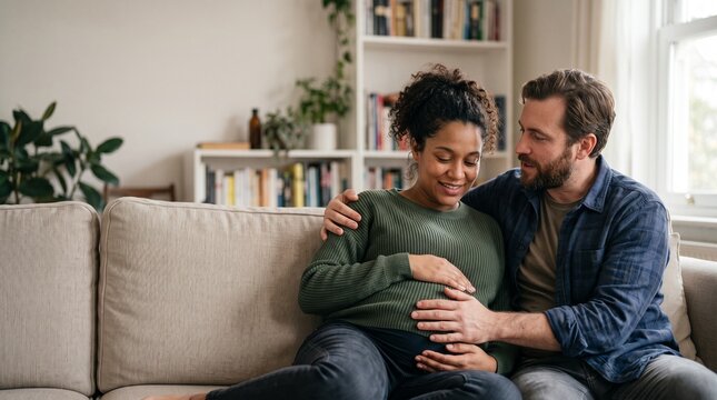 Expecting Couple Embraces: A pregnant woman and her partner share an intimate moment on a sofa, hands cradling her belly, embodying the anticipation and love of impending parenthood.