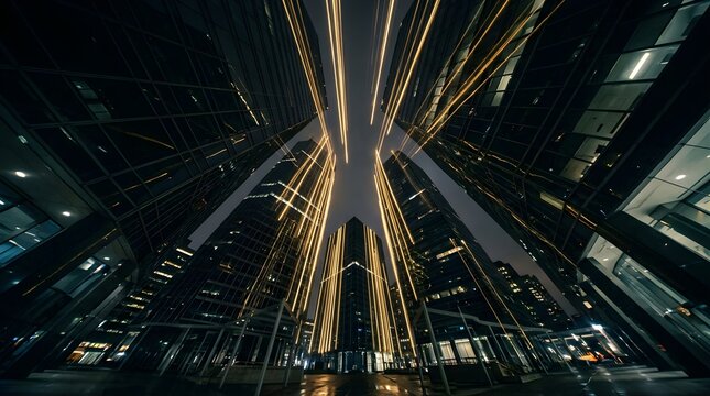 Night cityscape with glowing light streaks between modern skyscrapers